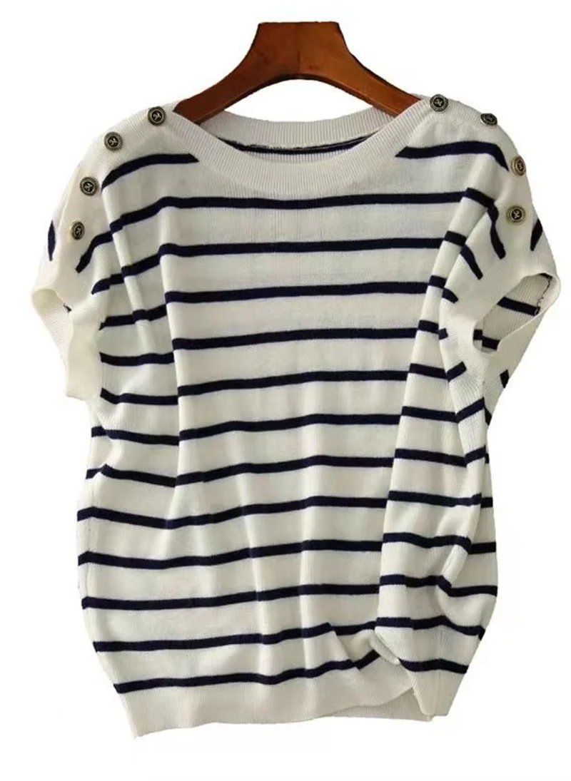 يونيكي White Boat Neck Short Sleeves Striped Top
