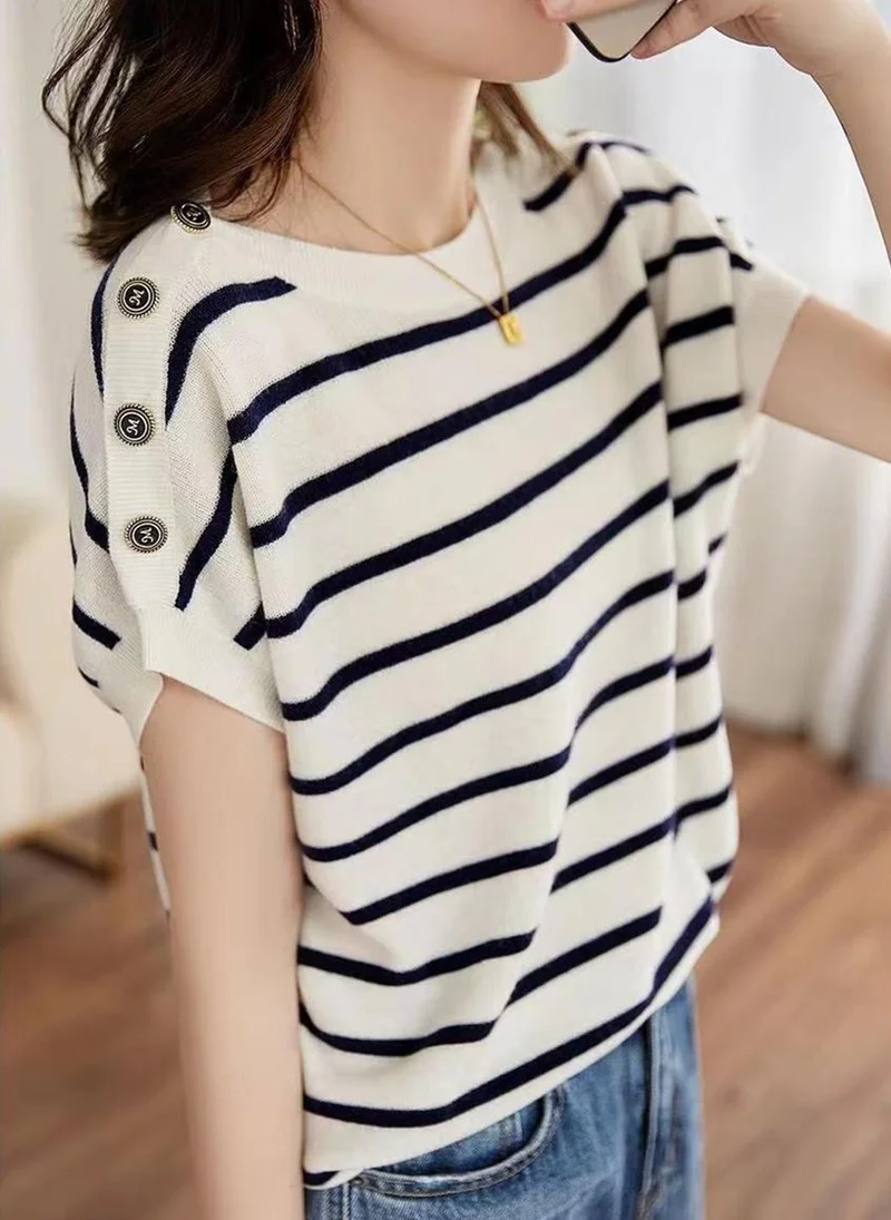 YUNIQEE White Boat Neck Short Sleeves Striped Top