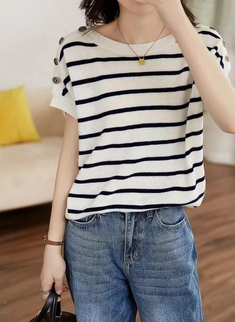 يونيكي White Boat Neck Short Sleeves Striped Top