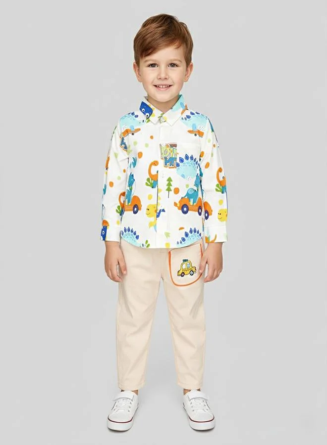 babyqlo Multicolor Dino Print Shirt With Beige Pants