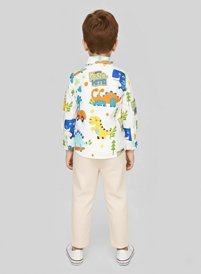 babyqlo Multicolor Dino Print Shirt With Beige Pants
