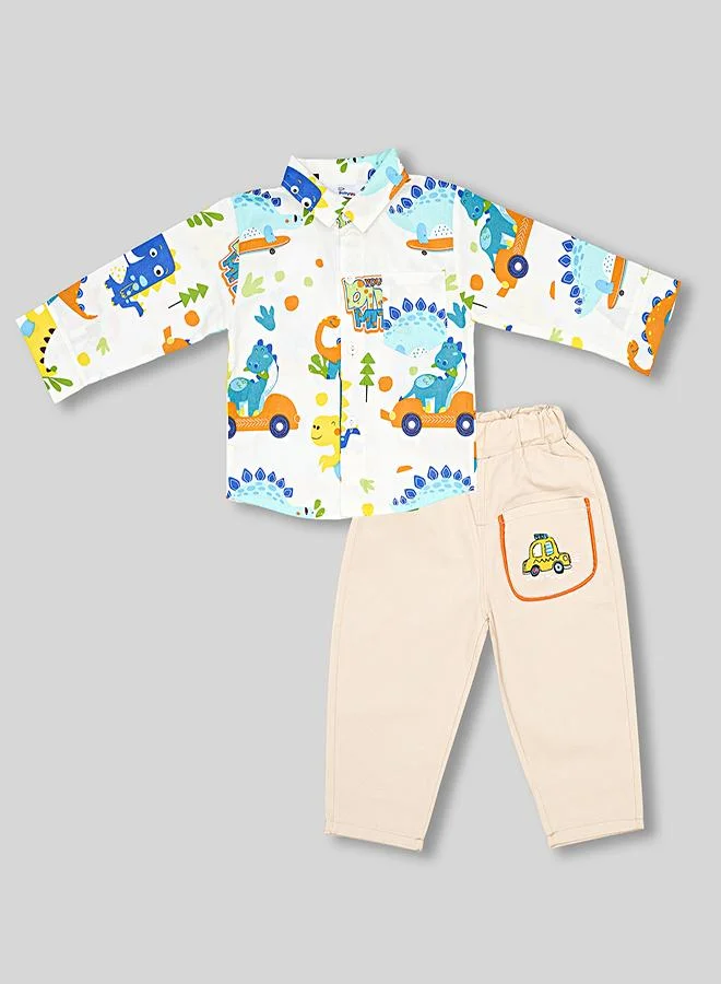 babyqlo Multicolor Dino Print Shirt With Beige Pants