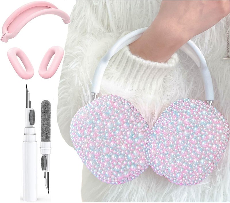 Olytop Glitter Pearls Case Cover for AirPods Max Headphones with Cleaner Pen Girls, Soft Handmade Beads TPU Ear Cups/Ear Pad/Headband Cover Silicone Protector for Apple Air Pod Max Accessories, Gradient Pink - Image 1