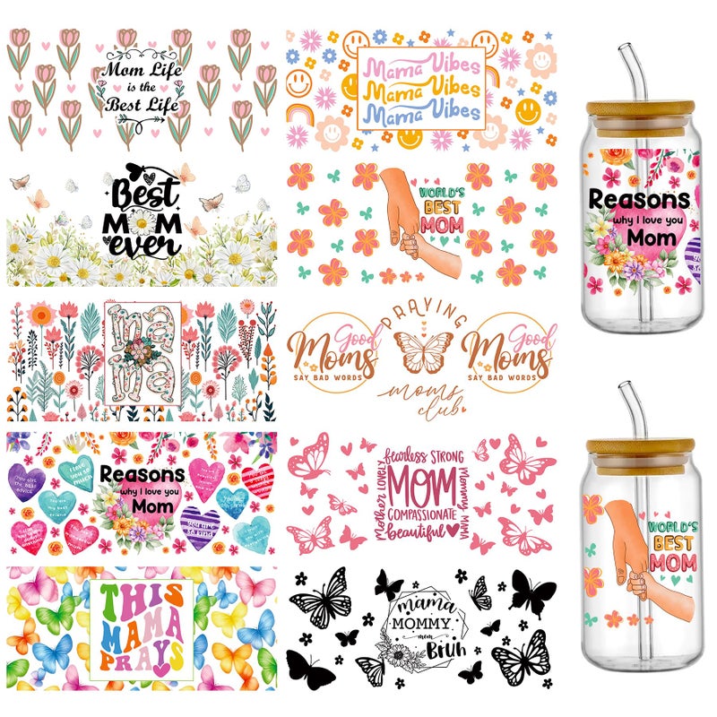 PEVOGON Mothers Day UV DTF Cup Wrap Transfer Stickers for Glass 10 Sheet Rub on Transfers Decal for 16OZ Glass Cups Furnit Craft Wood DIY Crafts - Image 3