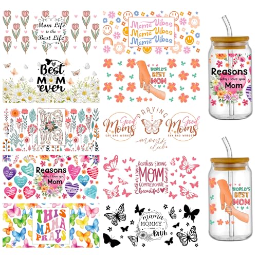 PEVOGON Mothers Day UV DTF Cup Wrap Transfer Stickers for Glass 10 Sheet Rub on Transfers Decal for 16OZ Glass Cups Furnit Craft Wood DIY Crafts - Image 1