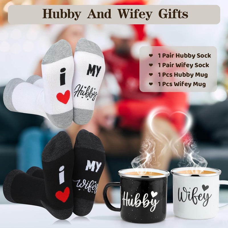 Domensi Domensi 4 Pack Hubby and Wifey Gifts Wifey and Hubby Enamel Couples Coffee Mugs Couples Socks for Bride Engagement Groom Wedding Gifts - Image 2