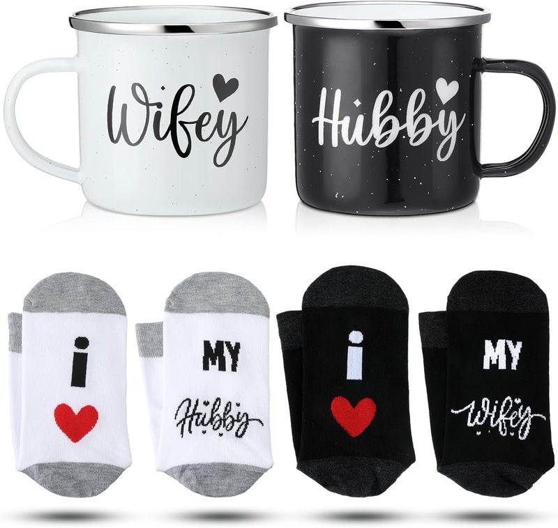 Domensi Domensi 4 Pack Hubby and Wifey Gifts Wifey and Hubby Enamel Couples Coffee Mugs Couples Socks for Bride Engagement Groom Wedding Gifts - Image 1
