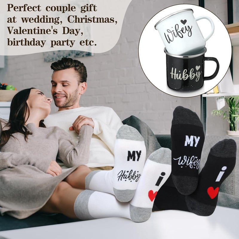 Domensi Domensi 4 Pack Hubby and Wifey Gifts Wifey and Hubby Enamel Couples Coffee Mugs Couples Socks for Bride Engagement Groom Wedding Gifts - Image 3
