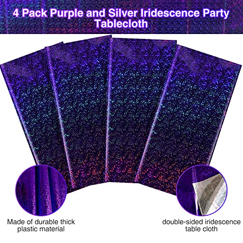 FunnyPars 4 Pack Iridescent Plastic Tablecloths Shiny Disposable Laser Rectangle Table Covers Holographic Foil Tablecloth Iridescent Party Decoration Birthday Bridal Wedding Christmas 54"x108"(Purple) - Image 4