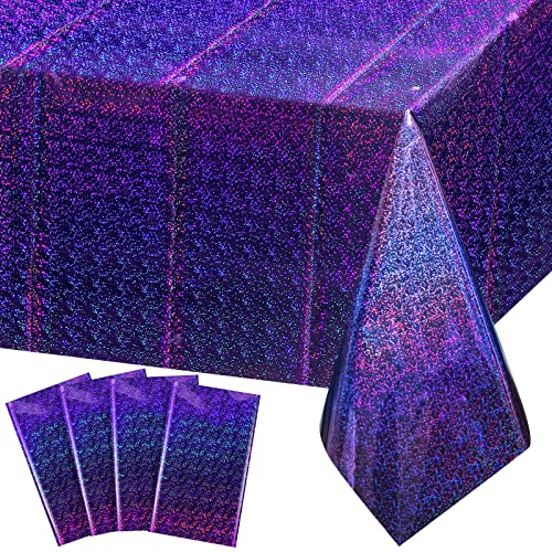 FunnyPars 4 Pack Iridescent Plastic Tablecloths Shiny Disposable Laser Rectangle Table Covers Holographic Foil Tablecloth Iridescent Party Decoration Birthday Bridal Wedding Christmas 54"x108"(Purple) - Image 1
