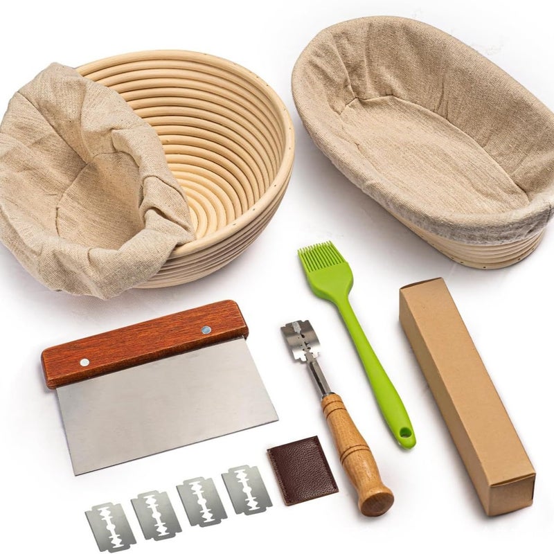 Rattan Banneton Proofing Basket Set with Scraper, Dough Whisk, Bread Lame, Brush - Bread Making Tool Kit