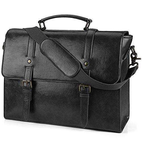 Lubardy Leather Mens Messenger Bag Vintage 15.6 Inch Waterproof Leather Laptop Briefcase Large Satchel Shoulder Bag Retro Office College Computer Laptop Bag, Black - Image 1