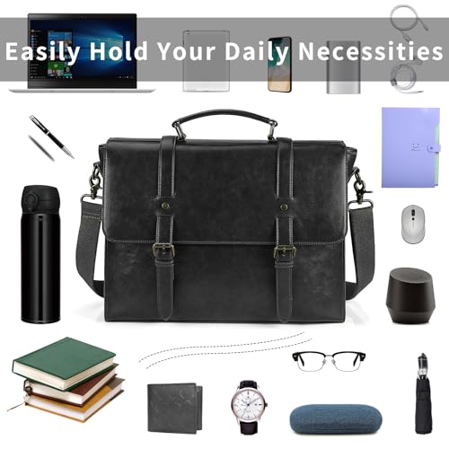 Lubardy Leather Mens Messenger Bag Vintage 15.6 Inch Waterproof Leather Laptop Briefcase Large Satchel Shoulder Bag Retro Office College Computer Laptop Bag, Black - Image 3