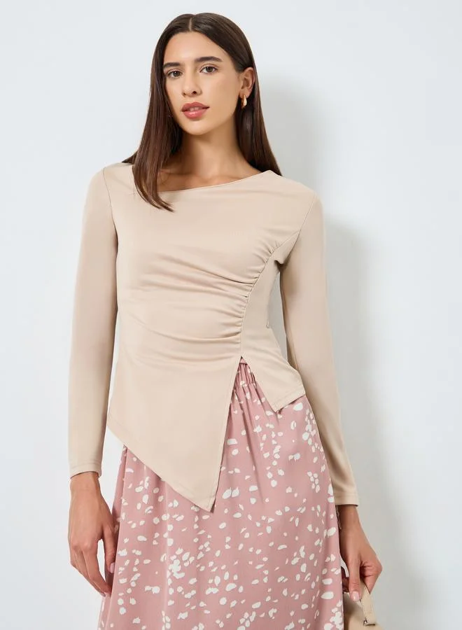 Take Two Beige Asymmetric Long Sleeve Top