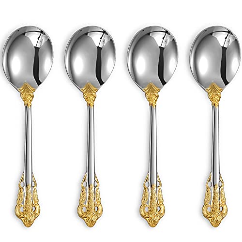 KEAWELL Gorgeous Round Soup Spoon, Set of 4, 18/10 Stainless Steel, Luxury Bouillon Spoon, Dishwasher Safe, Fine Mirror Polished (Gold Accent) - Image 1