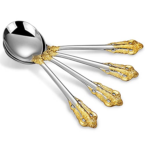 KEAWELL Gorgeous Round Soup Spoon, Set of 4, 18/10 Stainless Steel, Luxury Bouillon Spoon, Dishwasher Safe, Fine Mirror Polished (Gold Accent) - Image 2