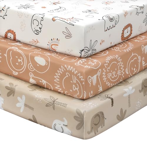 FIEMOL Baby Crib Sheets for Boys and Girls 3 Pack Toddler Bed Sheets for 52x28 Standard Toddler Mattresses Soft Microfiber Fitted Crib Sheets Neutral Orange Animal World - Image 1