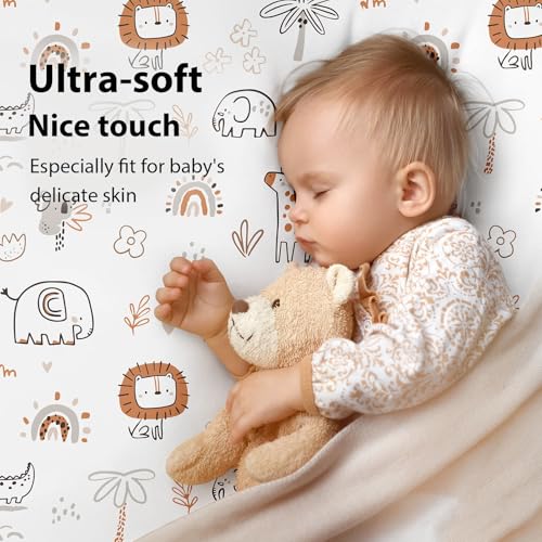 FIEMOL Baby Crib Sheets for Boys and Girls 3 Pack Toddler Bed Sheets for 52x28 Standard Toddler Mattresses Soft Microfiber Fitted Crib Sheets Neutral Orange Animal World - Image 3