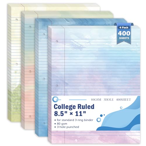 OKWUYiK 400 Sheets Letter Size Colored Loose Leaf Paper College Ruled For 3-Ring Binder 8.5" × 11" Colored Lined Filler Notebook Paper College Ruled Notepad 3-Hole Punched Watercolor 80gsm For School Office - Image 1