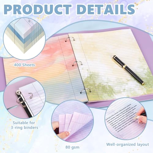 OKWUYiK 400 Sheets Letter Size Colored Loose Leaf Paper College Ruled For 3-Ring Binder 8.5" × 11" Colored Lined Filler Notebook Paper College Ruled Notepad 3-Hole Punched Watercolor 80gsm For School Office - Image 3