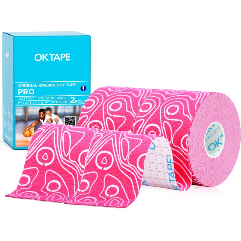 OK TAPE PRO Kinesiology Tape, 2inch x Long Roll 16ft Free Cut Tape, Elastic Athletic Tape Therapeutic Latex Free, 2 Rolls Pink+White - Image 1
