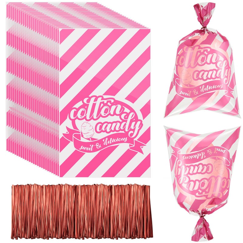 Zhanmai Zhanmai 200 Pcs Cotton Candy Bags with Ties 185 x 115 Inch Carnival Cotton Candy Cones Large Bags with Print for Circus Carnival Birthday Party Wedding Pink