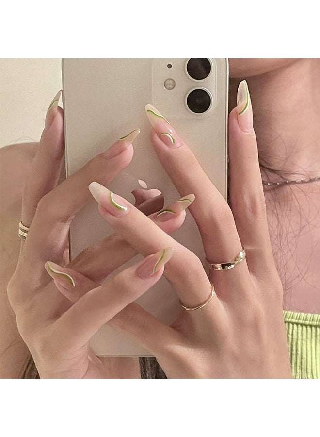 Goolsky Mustard Green Line Press-on Nails - Fresh Minimalist Daily Look for Spring Summer Casual Wear - Image 4