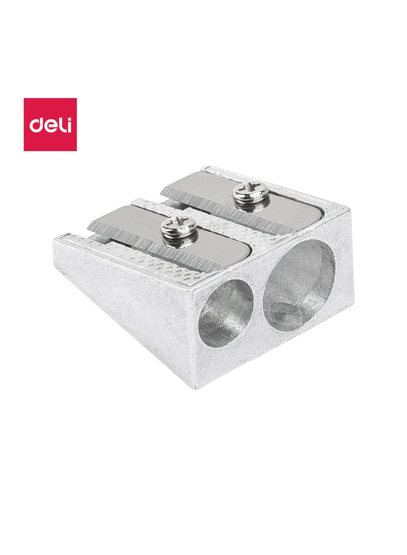 Deli Pencil Sharpener - 2-Hole, Durable Aluminum, Silver, E39762 - Image 1