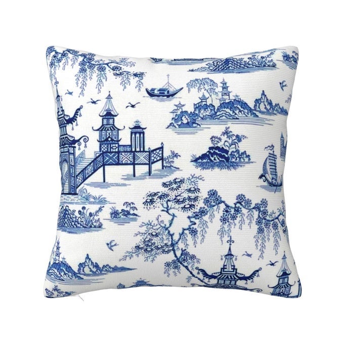 CHINOISERIE PILLOW COVER BLUE LANDSCAPE THROW PILLOW COVERS 20X20 INCH LINEN PILLOW COVERS FOR SOFA CAR LIVING ROOM BEDROOM OUTDOOR HOME DECOR PILLOW CASES