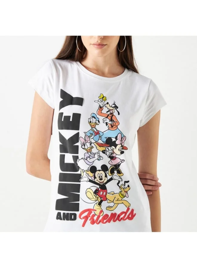 SP Characters Mickey Mouse Print T-shirt with Cap Sleeves and Crew Neck