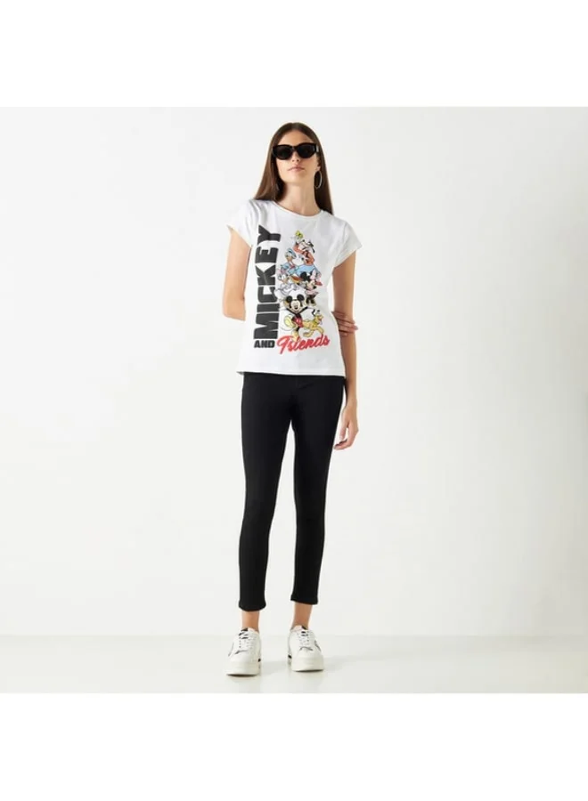 SP Characters Mickey Mouse Print T-shirt with Cap Sleeves and Crew Neck