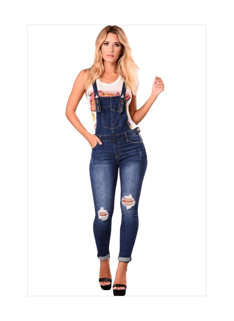 Generic Ripped Strap Roll-up Leg Cropped Jeans Woman  - Image 1