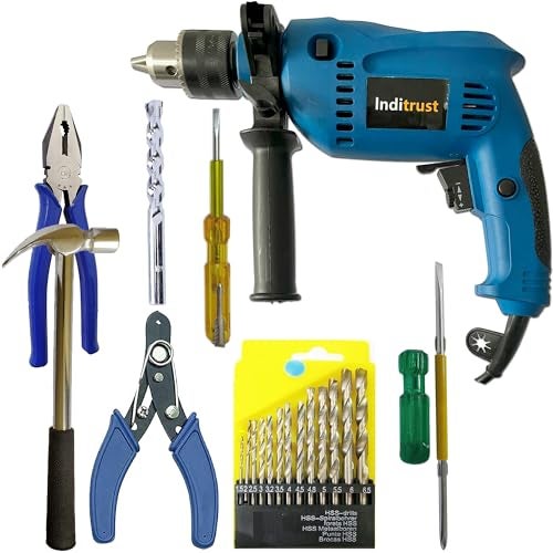 Inditrust 13mm Electric Drill Machine 700W 100% Copper Winding 6 Months Warranty tool kit with 13pc hss Plier Wire Cutter Tester Screwdriver Hammer Masonry bit Set Pistol Grip Drill (BLUE) - Image 1