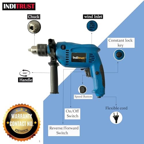 Inditrust 13mm Electric Drill Machine 700W 100% Copper Winding 6 Months Warranty tool kit with 13pc hss Plier Wire Cutter Tester Screwdriver Hammer Masonry bit Set Pistol Grip Drill (BLUE) - Image 3