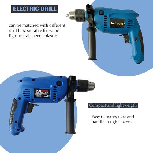 Inditrust 13mm Electric Drill Machine 700W 100% Copper Winding 6 Months Warranty tool kit with 13pc hss Plier Wire Cutter Tester Screwdriver Hammer Masonry bit Set Pistol Grip Drill (BLUE) - Image 4