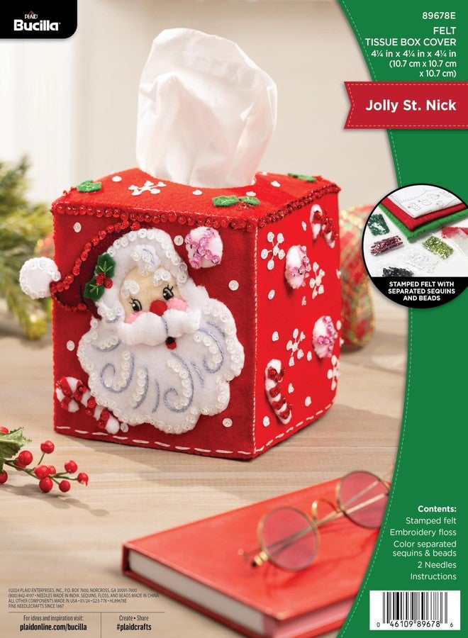 Bucilla, Jolly St. Nick, Felt Applique Tissue Box Cover Kit, Perfect for Holiday DIY Arts and Crafts, 89678E - Image 1
