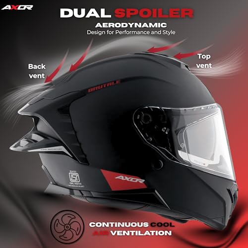 AXOR Brutale Solid Colors Dual Spoiler Helmet – Aerodynamic Full Face Design | Certified (ISI, DOT, ECE) | Premium Safety & Comfort- Dull Black, Size:M - Image 2