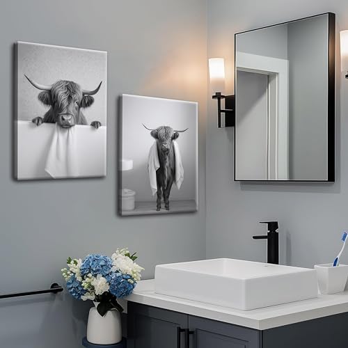 Tmvosn Funny Bathroom Highland Cow Wall Art, Black and White Cute Cow Animal Canvas Posters Prints Set of 3, Vintage Rustic Farmhouse Home Pictures Wall Decor Painting for Bathroom Restroom Framed 12x16 Inch - Image 5