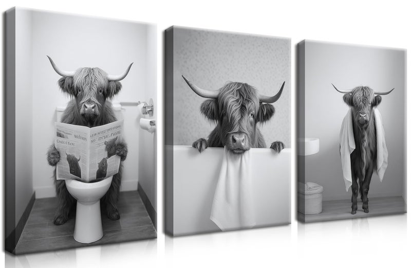 Tmvosn Funny Bathroom Highland Cow Wall Art, Black and White Cute Cow Animal Canvas Posters Prints Set of 3, Vintage Rustic Farmhouse Home Pictures Wall Decor Painting for Bathroom Restroom Framed 12x16 Inch - Image 1