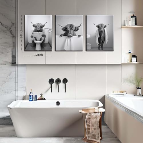 Tmvosn Funny Bathroom Highland Cow Wall Art, Black and White Cute Cow Animal Canvas Posters Prints Set of 3, Vintage Rustic Farmhouse Home Pictures Wall Decor Painting for Bathroom Restroom Framed 12x16 Inch - Image 4