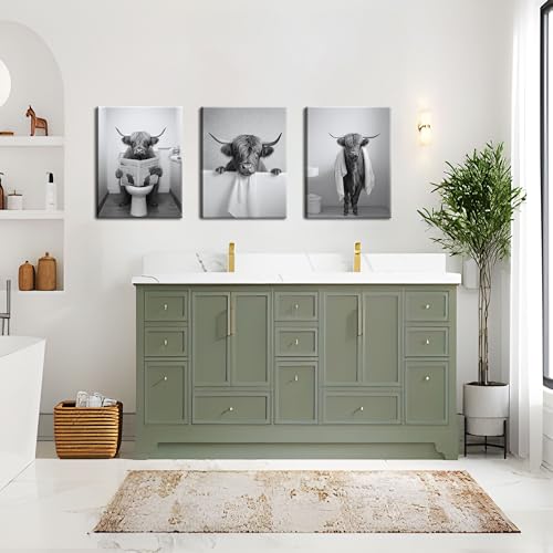 Tmvosn Funny Bathroom Highland Cow Wall Art, Black and White Cute Cow Animal Canvas Posters Prints Set of 3, Vintage Rustic Farmhouse Home Pictures Wall Decor Painting for Bathroom Restroom Framed 12x16 Inch - Image 2
