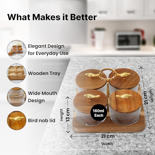 UMAI Platters Serving Set For Snacks With Wooden Tray & 4 Jars (160Ml each)|Diwali Gift|Premium Soda Lime Glass|Snacks Serving Bowls With Tray|Serving Tray With Bowls For Snacks (Design 1),Transparent - Image 4