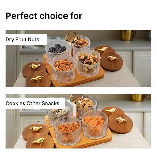 UMAI Platters Serving Set For Snacks With Wooden Tray & 4 Jars (160Ml each)|Diwali Gift|Premium Soda Lime Glass|Snacks Serving Bowls With Tray|Serving Tray With Bowls For Snacks (Design 1),Transparent - Image 5