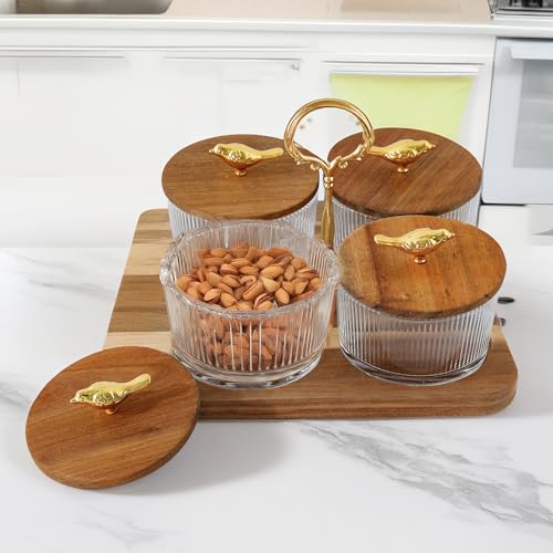 UMAI Platters Serving Set For Snacks With Wooden Tray & 4 Jars (160Ml each)|Diwali Gift|Premium Soda Lime Glass|Snacks Serving Bowls With Tray|Serving Tray With Bowls For Snacks (Design 1),Transparent - Image 1