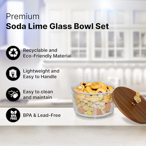 UMAI Platters Serving Set For Snacks With Wooden Tray & 4 Jars (160Ml each)|Diwali Gift|Premium Soda Lime Glass|Snacks Serving Bowls With Tray|Serving Tray With Bowls For Snacks (Design 1),Transparent - Image 3