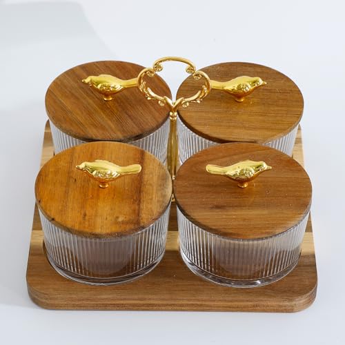UMAI Platters Serving Set For Snacks With Wooden Tray & 4 Jars (160Ml each)|Diwali Gift|Premium Soda Lime Glass|Snacks Serving Bowls With Tray|Serving Tray With Bowls For Snacks (Design 1),Transparent - Image 2