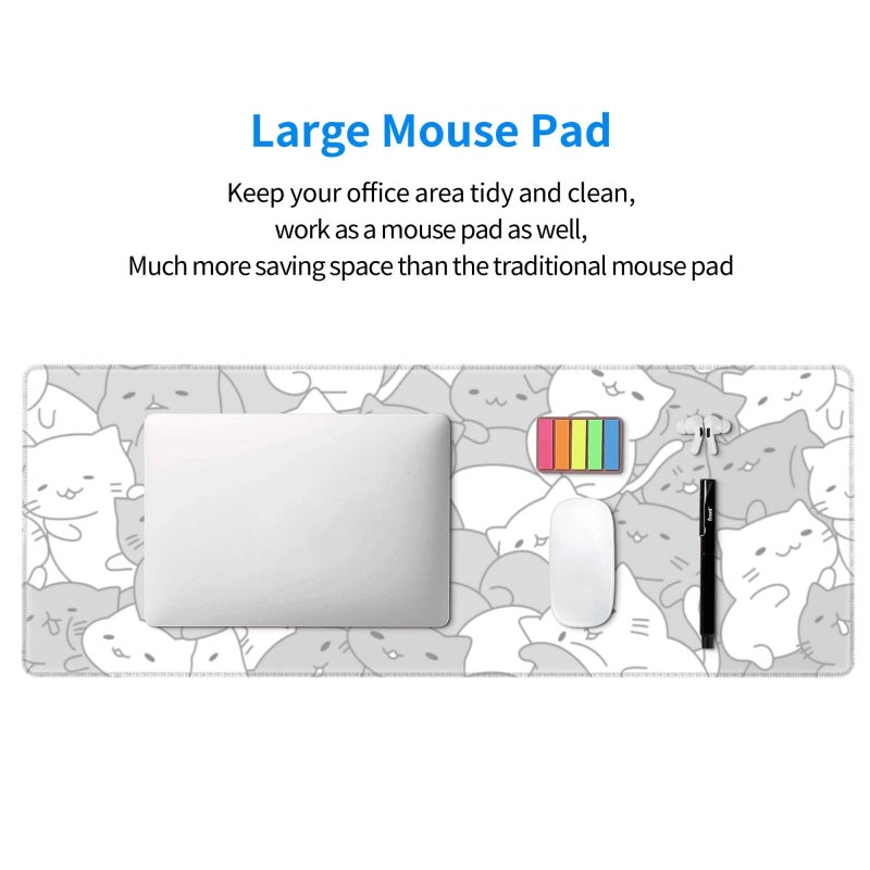 Brecoy White Kawaii Cats E-Sport Mouse Pad Large Desk Mat Non-Slip Rubber Base Stitched Edge Keyboard Mouse Pad for Office Home E-Sport Computer Laptop, 31.5Ã—11.8 Inches - Image 5