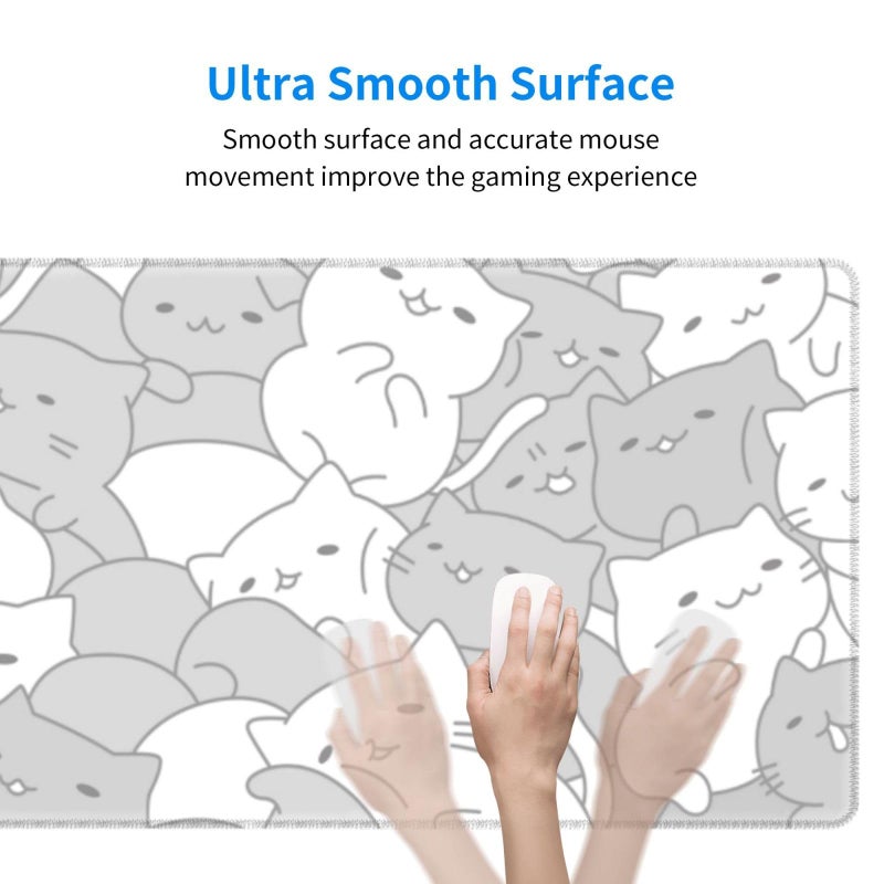 Brecoy White Kawaii Cats E-Sport Mouse Pad Large Desk Mat Non-Slip Rubber Base Stitched Edge Keyboard Mouse Pad for Office Home E-Sport Computer Laptop, 31.5Ã—11.8 Inches - Image 3