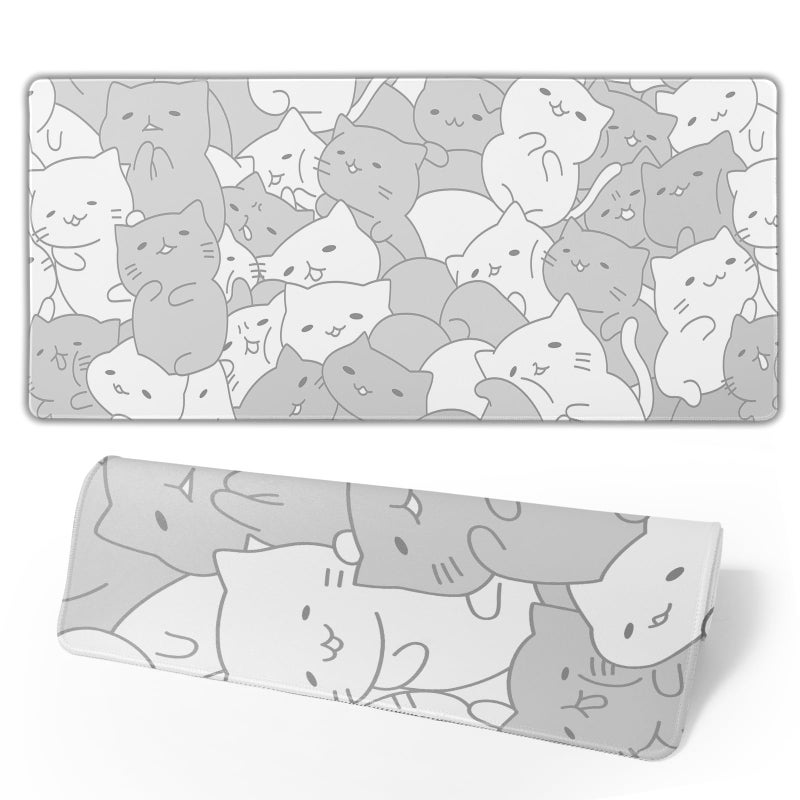 Brecoy White Kawaii Cats E-Sport Mouse Pad Large Desk Mat Non-Slip Rubber Base Stitched Edge Keyboard Mouse Pad for Office Home E-Sport Computer Laptop, 31.5Ã—11.8 Inches - Image 1