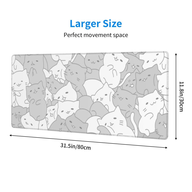 Brecoy White Kawaii Cats E-Sport Mouse Pad Large Desk Mat Non-Slip Rubber Base Stitched Edge Keyboard Mouse Pad for Office Home E-Sport Computer Laptop, 31.5Ã—11.8 Inches - Image 2